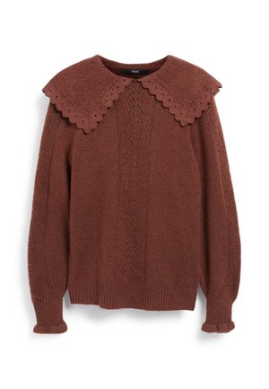 Pull marron en maille avec manches ballon longues et large col en dentelle festonné, présentant un motif texturé à l'avant.