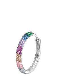 Boucle d'oreille en argent avec un dégradé de cristaux colorés, y compris le bleu, le vert, le rose et le violet, avec une finition polie.