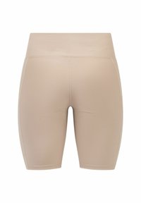 Beige fietsshorts met een ribbelstructuur, hoge tailleband en gestikte details. Ontworpen voor een nauwsluitende, fitted silhouet.