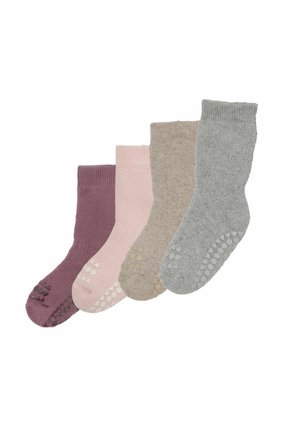 Neli paari tekstuuriga pikki sokke reas, värvides lilla, roosa, beež ja hall, talladel libisemisvastaste täppidega.