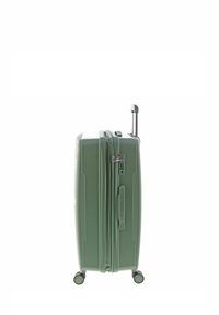 Hard-shell suitcase in pastel green, featuring a brushed texture, telescopic handle, combination lock, and four rolling wheels for mobility.