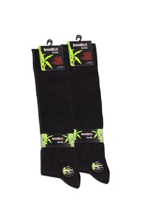 Calze in bambù nero con una texture liscia, caratterizzate da etichette che evidenziano le proprietà antibatteriche e il comfort. Taglia visualizzata sulle etichette.