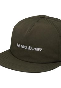 Tummanvihreä Quiksilver snapback-lippis, jossa on valkoinen brodeerattu logo edessä ja litteä kaareva lippa.