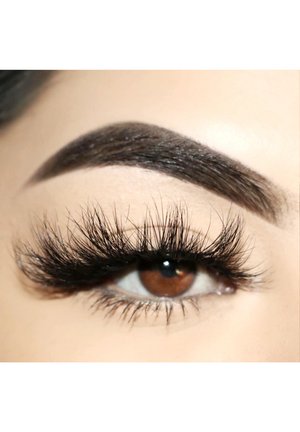Brown eye with long, dense black eyelashes, prominent eyebrow with defined arch, smooth skin tone, and soft highlights around the eye.