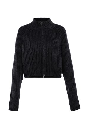 Fekete bordás kötött, rövidített pulóver hosszú ujjakkal és elől zipzárral, mely a nyaktól a heméig terjed.