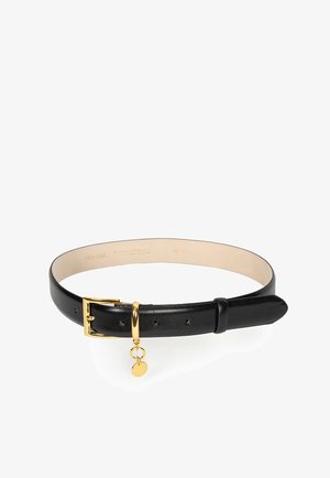 Czarny skórzany pasek ze złotą klamrą i małym, okrągłym, złotym zawieszką wiszącą na pętli paska na białym tle.
