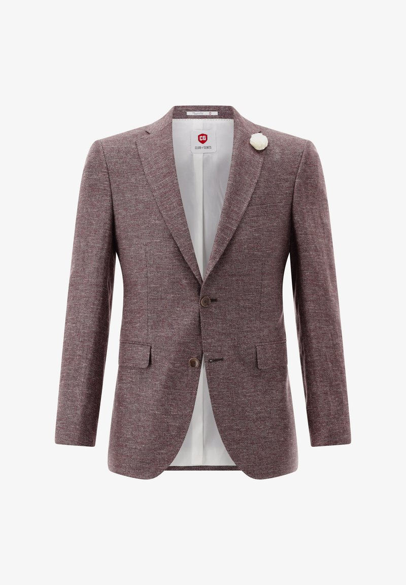 Bordeauxfarbener strukturierten Blazer mit zwei Knöpfen, Reverskragen und frontalen Taschen. Mit einer weißen Blumenbrosche an der linken Klappe.