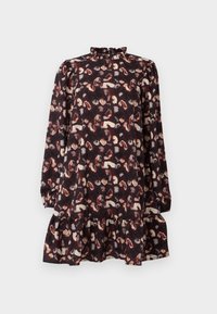Robe noire avec un col froncé haut, des manches longues et un ourlet en étages. Présente un imprimé ludique de formes beige et rouille sur un fond sombre.