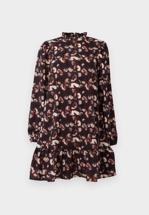 Black dress with a high ruffled neckline, long sleeves, and a tiered hem. Features a playful print of beige and rust shapes on a dark background.
