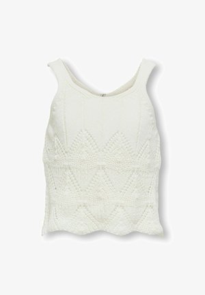 Gehaakte witte crop top met een textuurpatroon, een scalloped zoom en brede schouderbanden. Evenwichtig textuur met een iets losse pasvorm.