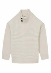 Pull en tricot beige clair avec un col haut, deux boutons noirs au niveau du cou, motif texturé et poignets et ourlet côtelés.