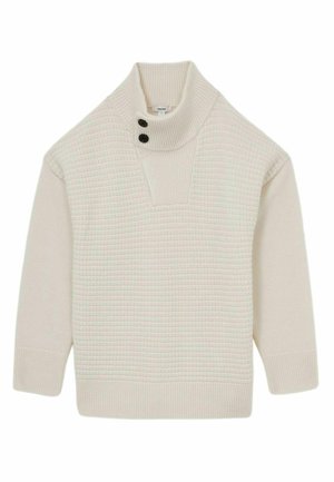 Light beige knit sweater with a high collar, two black buttons at the neck, textured pattern, and ribbed cuffs and hem.