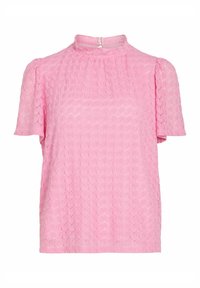 Haut rose à manches courtes avec un col montant, présentant un motif de feuilles texturé et une fermeture éclair au dos. Tissu léger et respirant.