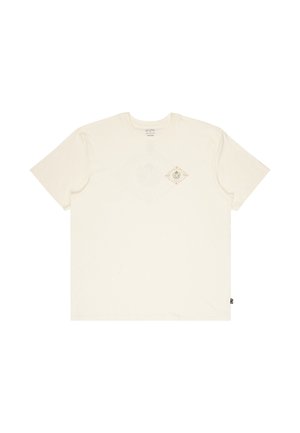 Εκρού κοντομάνικο T-shirt με μικρό γραφικό σε σχήμα διαμαντιού που απεικονίζει ένα φυτό και κείμενο στο αριστερό στήθος.