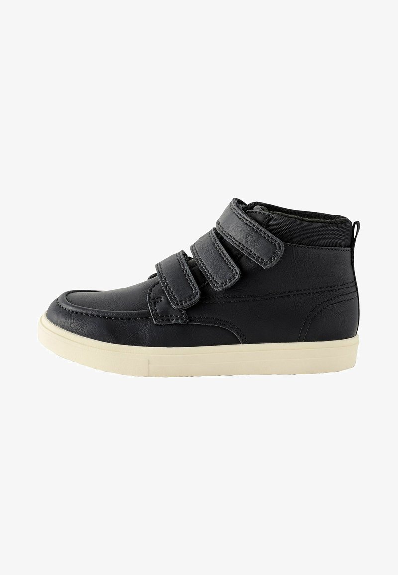 Black high-top shoes made of synthetic leather with three Velcro straps, a cushioned interior, and a cream rubber sole.