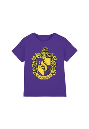 Purple short-sleeve T-shirt featuring a large yellow and black Hufflepuff crest with badger emblem and decorative ornate border on the front.