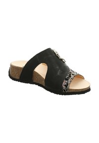 Schwarze Ledersandale zum Hineinschlüpfen mit Kork-Zwischensohle. Sie verfügt über einen offenen Zehenbereich, ein florales Muster als Akzent und ein dekoratives Metall-Detail am Riemen.