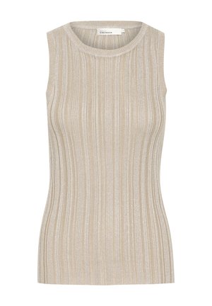 Beige ilma varrukatega kudum, millel on vertikaalsed sooned, ümmargune kaelus ja pehme tekstuur. Silt on nähtav selja taga.