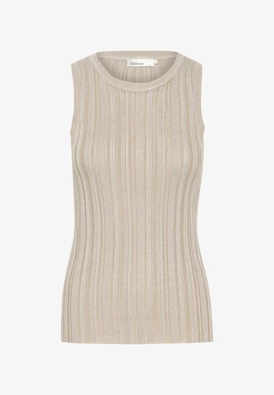 Beige ilma varrukatega kudum, millel on vertikaalsed sooned, ümmargune kaelus ja pehme tekstuur. Silt on nähtav selja taga.