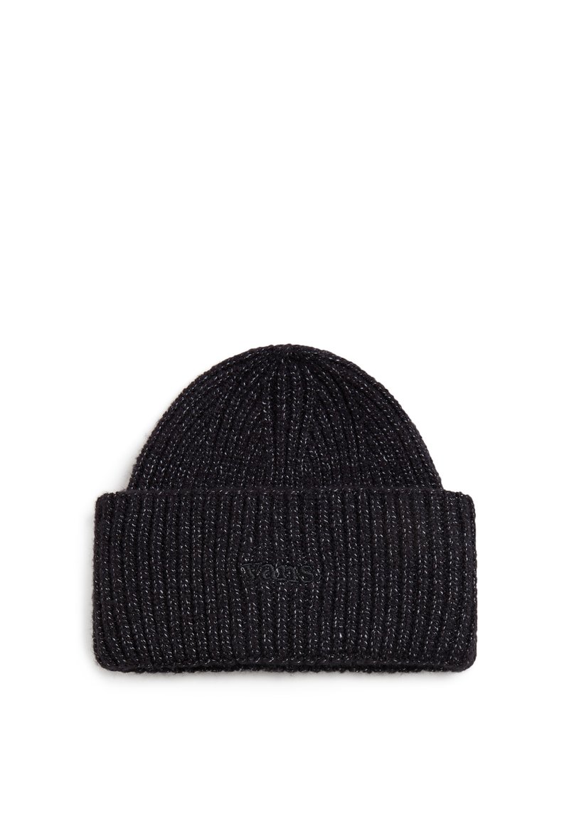 Cappello in maglia nera con texture a costine, dotato di risvolto e un piccolo logo dettagliato sulla parte anteriore.