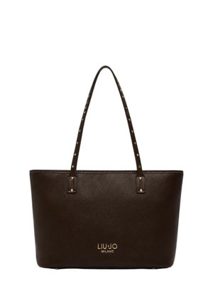 Bolso tote de cuero marrón oscuro con dos asas para el hombro y el logo dorado de "Liu Jo Milano" en el centro delantero.
