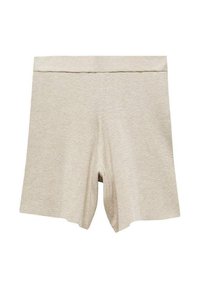 Knit beige shorts with an elastic waistband, featuring a textured fabric and a mid-thigh length, no visible patterns or accents.