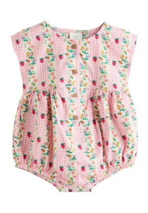 Pink baby romper with short sleeves, buttons down front, snap closures, and strawberry and floral print over checkered pattern.
