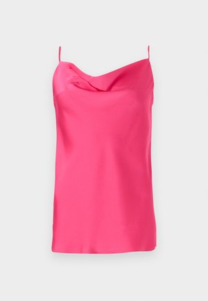 Sleeveless, fuchsia satin top with a cowl neckline and thin straps. Smooth texture with a soft drape, featuring a straight hem at the bottom.