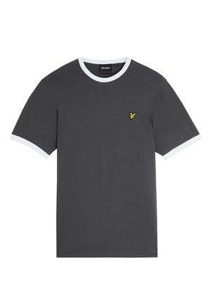T-shirt gris avec col et manches à bords côtes blancs. Présente un petit logo d'oiseau jaune brodé sur la poitrine gauche. En matériau en coton.