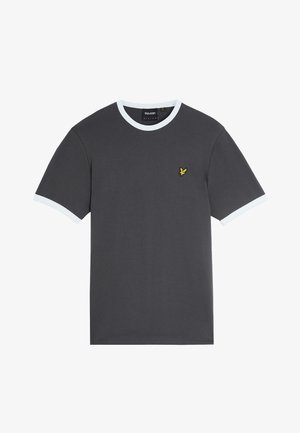 Grijze T-shirt met witte geribde kraag en mouwen. Bevat een klein, geborduurd geel vogellogo op de linkerkant van de borst. Van katoen.