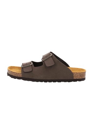 Brown suede sandal with two adjustable straps, cork footbed, textured sole, and flat design. Features minimalistic metal accents.