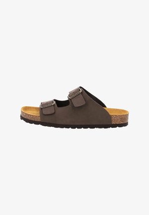 Brown suede sandal with two adjustable straps, cork footbed, textured sole, and flat design. Features minimalistic metal accents.