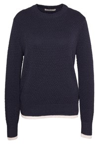 Marineblauer Strickpullover mit strukturiertem Muster, langen Ärmeln, Rundhalsausschnitt und weißen Besätzen an den Bündchen und am Saum.