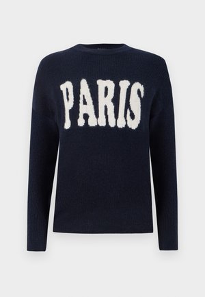 Tamsiai mėlynas megztinis su ilgomis rankovėmis ir apvaliu kaklu. Priekyje ryškiai išspausdintas pūkuotas baltas tekstas "PARIŽIUS".