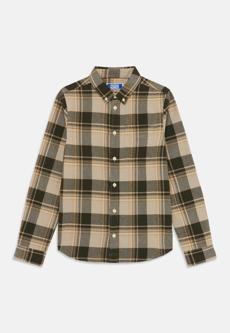Langermet rutete skjorte laget av flanellstoff i beige, grått og mørkegrønt. Har en krage med knapper og knappelukking foran.