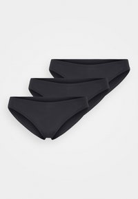 Μαύρα μπικίνι σλιπ από απαλό, ελαστικό ύφασμα. Διαθέτουν χαμηλή μέση και αδιάσπαστο σχέδιο στη ζώνη μέσης. Σετ τριών τεμαχίων.
