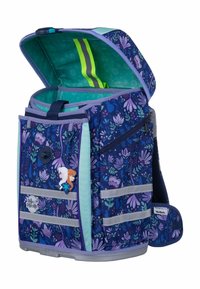 Zaino viola con motivo floreale, spallacci regolabili, accenti riflettenti e interno turchese. Presenta una tasca frontale con zip e toppe a forma di personaggio.
