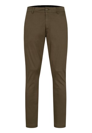 Pantaloni kaki slim-fit maro cu închidere cu nasture și fermoar, buzunare frontale și bucle pentru curea.