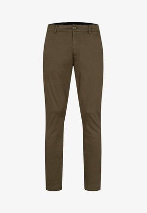 Schmal geschnittene khakibraune Hose mit Knopf- und Reißverschluss, Fronttaschen und Gürtelschlaufen.