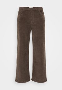 Brown corduroy pants with a wide-leg design, featuring a button closure, belt loops, and front pockets. Soft texture and ribbed fabric.
