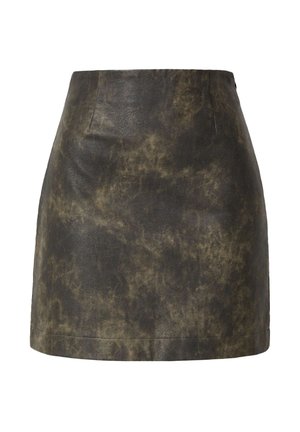 Zwarte en olijfgroene leren mini-jurk met een gladde textuur, met een hoge taille, zijzakken en een iets uitlopende zoom.