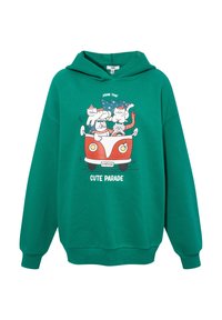 Green sweatshirt with a hood featuring a playful graphic of cats in a vintage car, with text "JOIN THE CUTE PARADE" below. Soft fabric texture.