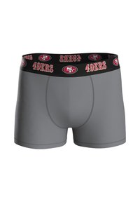 Harmaat bokserialushousut, joissa on yhtenäinen kangas ja musta vyötärönauha, jossa on punainen ja valkoinen "49ERS"-logo ja kuvio.