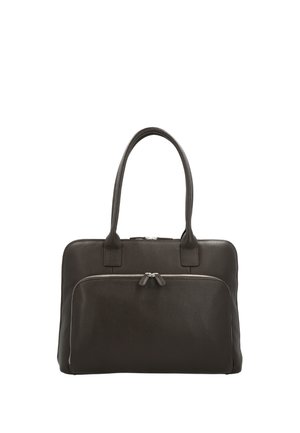 Black leather handbag with two handles and a front zippered pocket against a white background.