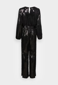 Zwart pailletten jumpsuit met lange mouwen, een toegespitste taille en wijde pijpen. Heeft een keyhole-detail aan de achterkant en een gestructureerd oppervlak.