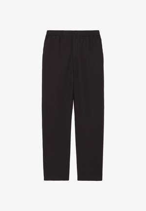 Pantaloni neri a gamba dritta con vita elastica, chiusura con bottone e design pulito e minimalista.