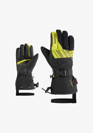 Schwarze und graue Handschuhe mit gelben Akzenten, ausgestattet mit einer strukturierten Griffigkeit, verstellbaren Handgelenkriemen und einem wasserdichten Design.