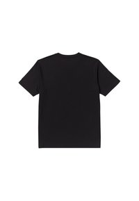 Schwarzes kurzärmeliges T-Shirt aus glattem Baumwollstoff. Mit Rundhalsausschnitt und sauberen Kanten, ohne Drucke oder Verzierungen.