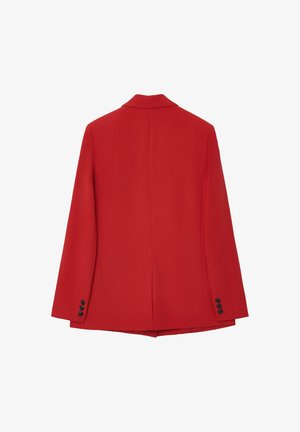 Red blazer made of textured fabric, featuring a notched collar, curved hem, and three black buttons on each cuff. Back view displayed.
