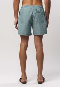 Prugaste zelene kupaće hlače s elastičnim remenom, stražnjim džepom i krojem do sredine bedara. Nošene su s smeđim sandalama.